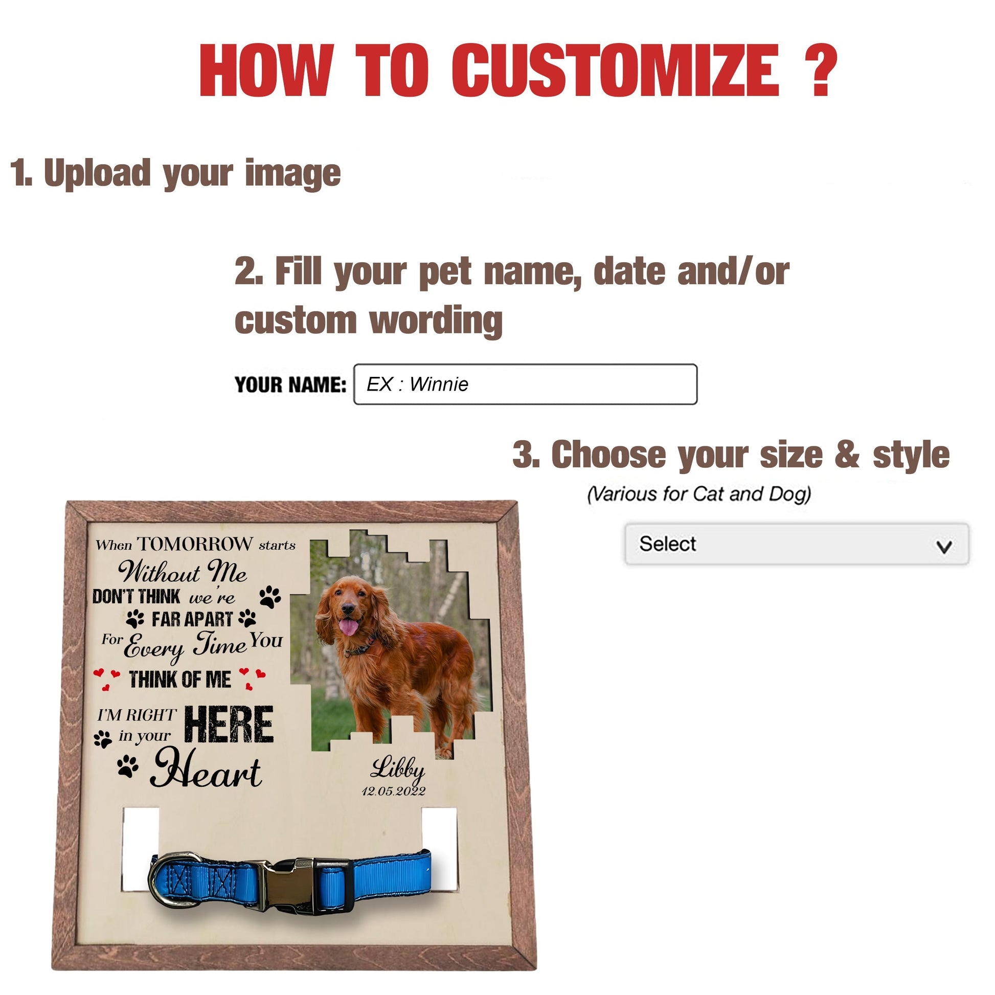 litzzy Custom Memorial Pet Collar Frame With Photo, Loss of Dog Photo Frame Gifts, Pet Collar Holder, Memorial Standing Frame Pet Picture Frame   