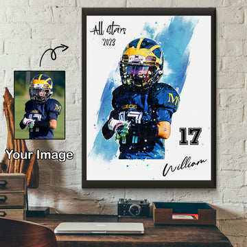 litzzy Football Watercolor Personalized Gift, Football Custom Canvas Wall Art for Living Room Canvas Wall Art Framed Canvas 11"x14" 
