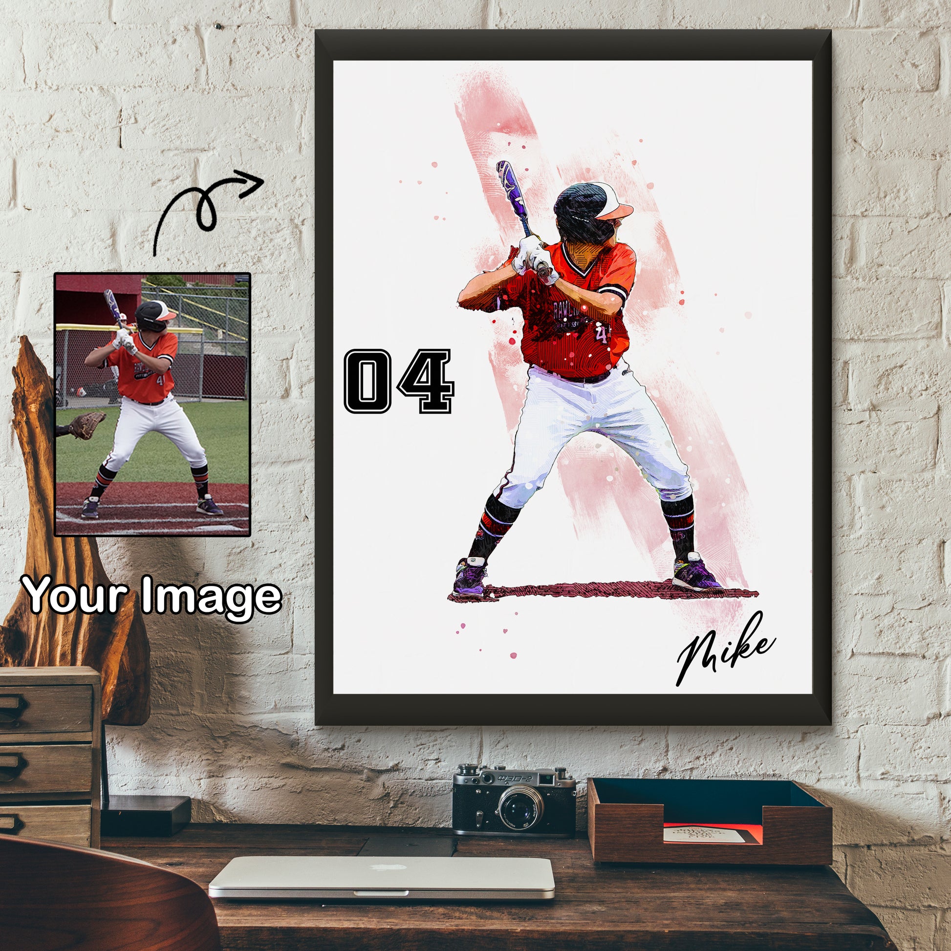 litzzy Baseball Watercolor Personalized Gift, Baseball Custom Canvas Wall Art for Living Room Canvas Wall Art Framed Canvas 11"x14" 