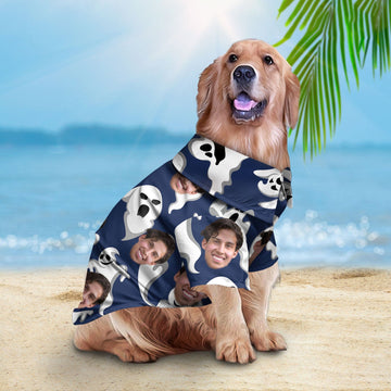 litzzy Custom Halloween Shirt For Pet Ghost Pattern (Navy Color), dog hawaiian shirt Pet Hawaiian Shirt   