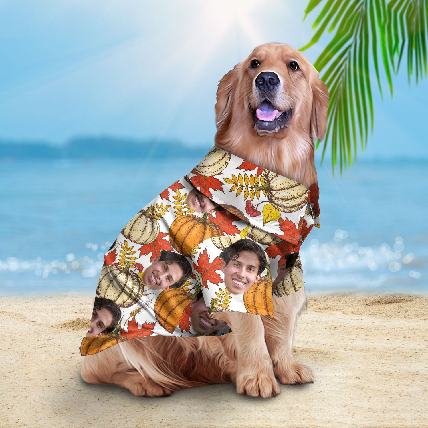 litzzy Custom Hawaiian Autumn Shirt For Pet Leaves & Pumpkin Pattern (White Color), dog hawaiian shirt Pet Hawaiian Shirt   