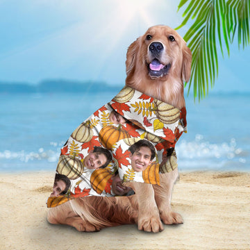 litzzy Custom Hawaiian Autumn Shirt For Pet Leaves & Pumpkin Pattern (White Color), dog hawaiian shirt Pet Hawaiian Shirt   