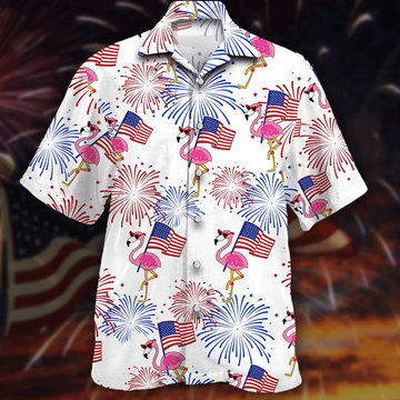 litzzy Flamingo Hawaii shirt, 4th of July shirt, Flamingo And Flag Red And Blue Firework Hawaiian Shirt - Aloha shirt Hawaiian Hawaii Shirt For Summer Hawaii Shirt   