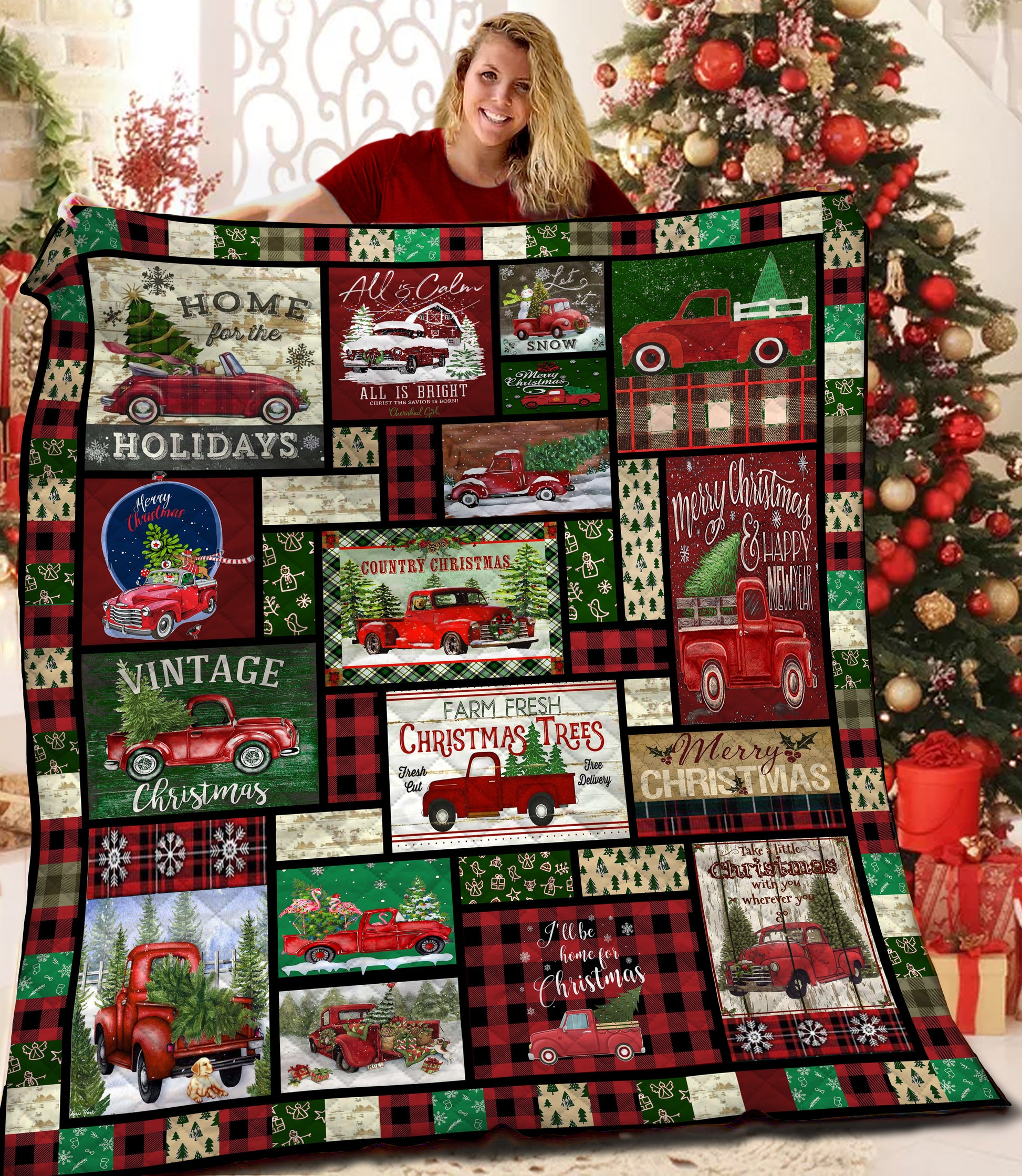 litzzy Red Truck Christmas BBB111103MH Fleece Blanket Quilt Blanket   