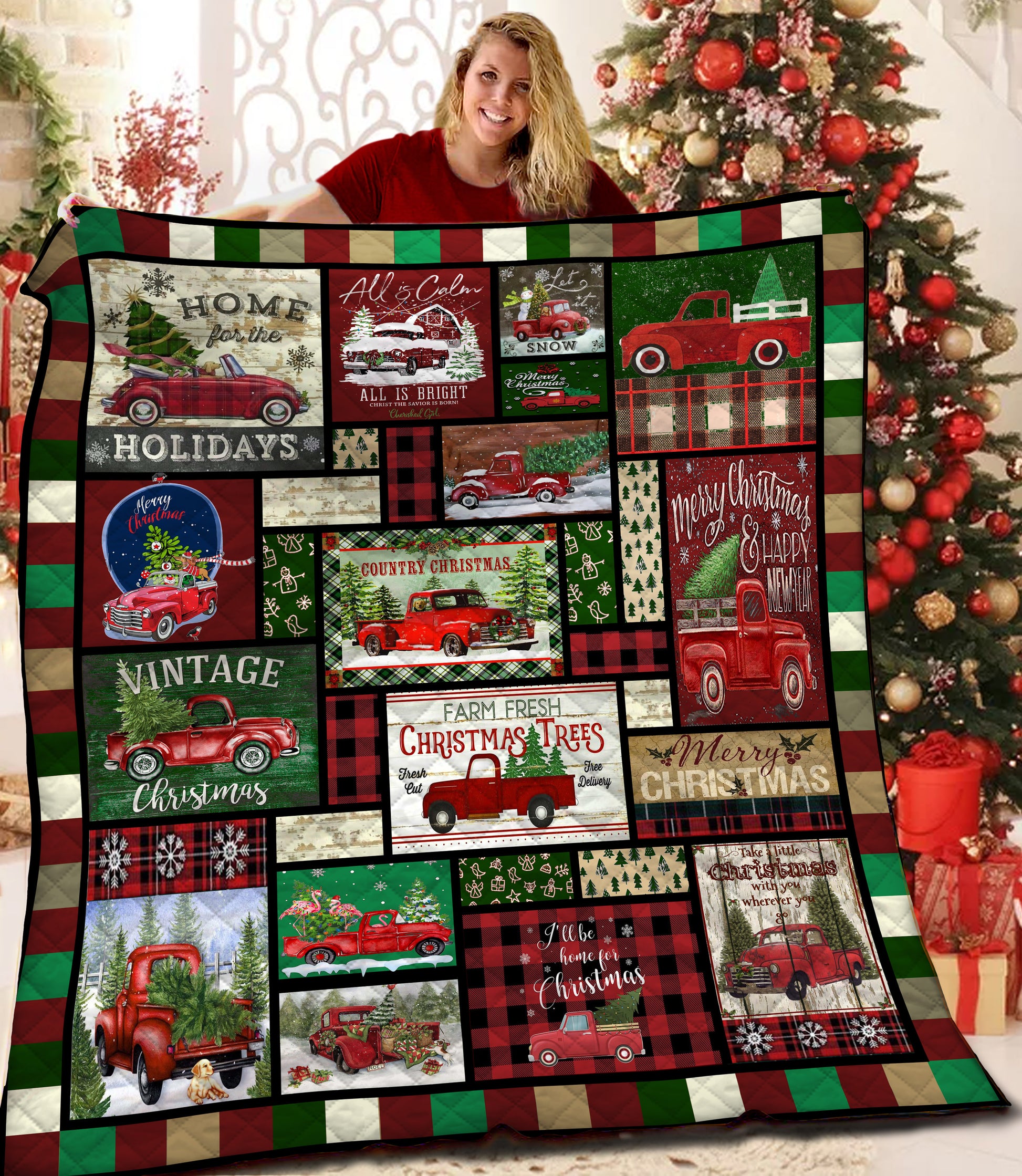 litzzy Red Truck Christmas BBB111104MH Fleece Blanket Quilt Blanket   