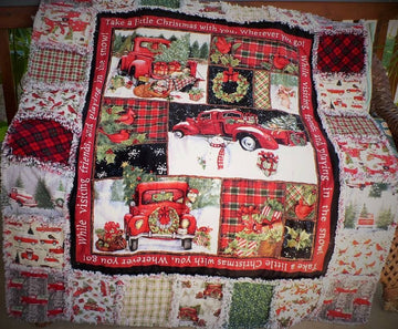 litzzy Red Truck Christmas Panel CLA2110385Q Fleece Blanket Quilt Blanket   