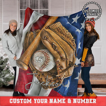 litzzy Personalized Baseball Glove Bat Flag Fleece Blanket - Tltm1411202 Quilt Blanket 60x80  
