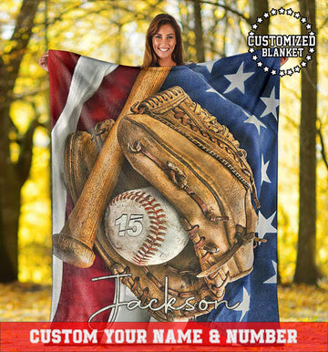 litzzy Personalized Baseball Glove Bat Flag Fleece Blanket - Tltm1411202 Quilt Blanket 50x60  