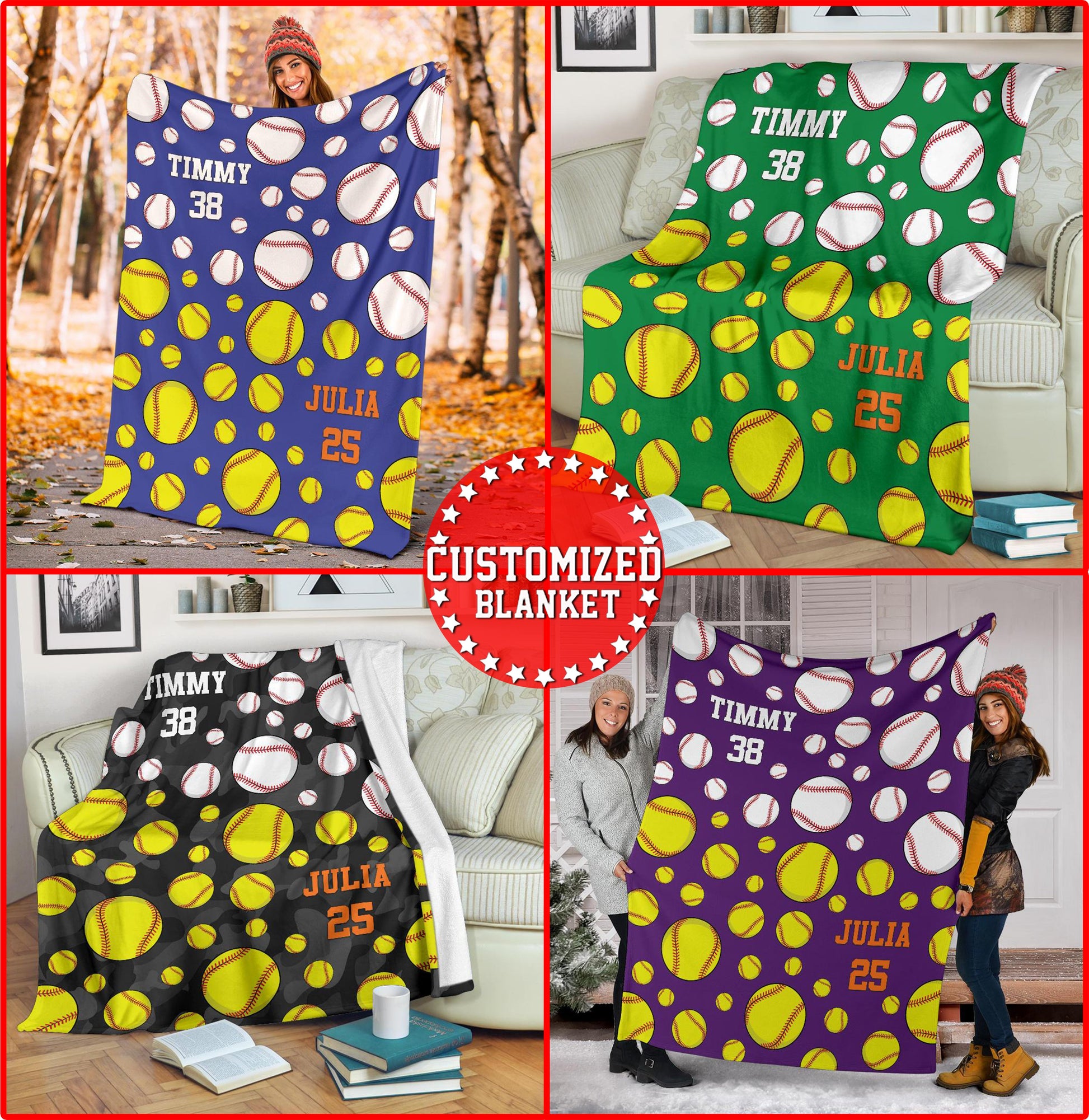 litzzy Personalized Baseball Softball Balls Fleece Blankets - Tlnb1311201Ki Quilt Blanket CUSTOM COLOR 60 X 80 