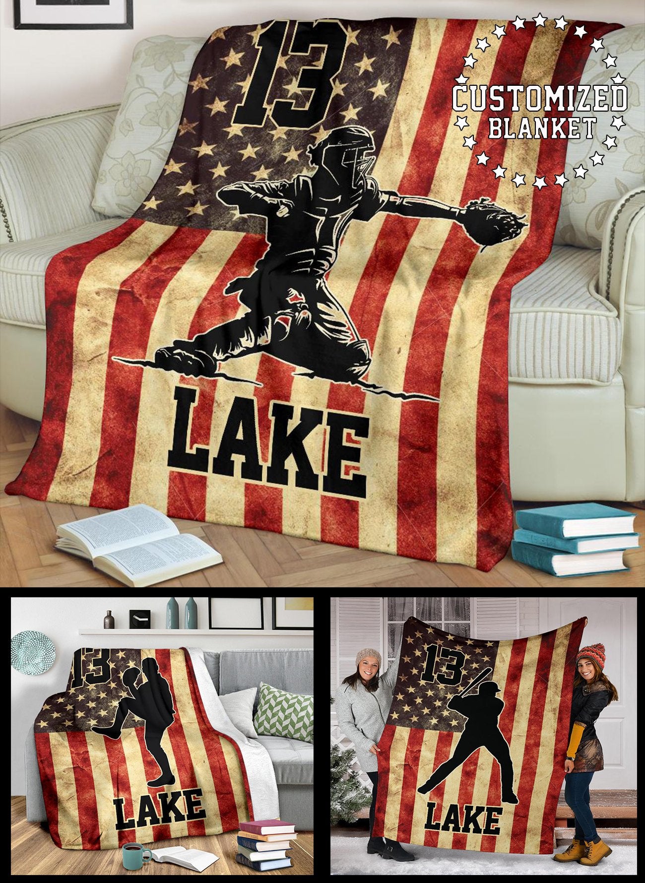 litzzy Personalized Baseball Vintage Flag Collection Fleece Blanket - Tltm0911204 Quilt Blanket   