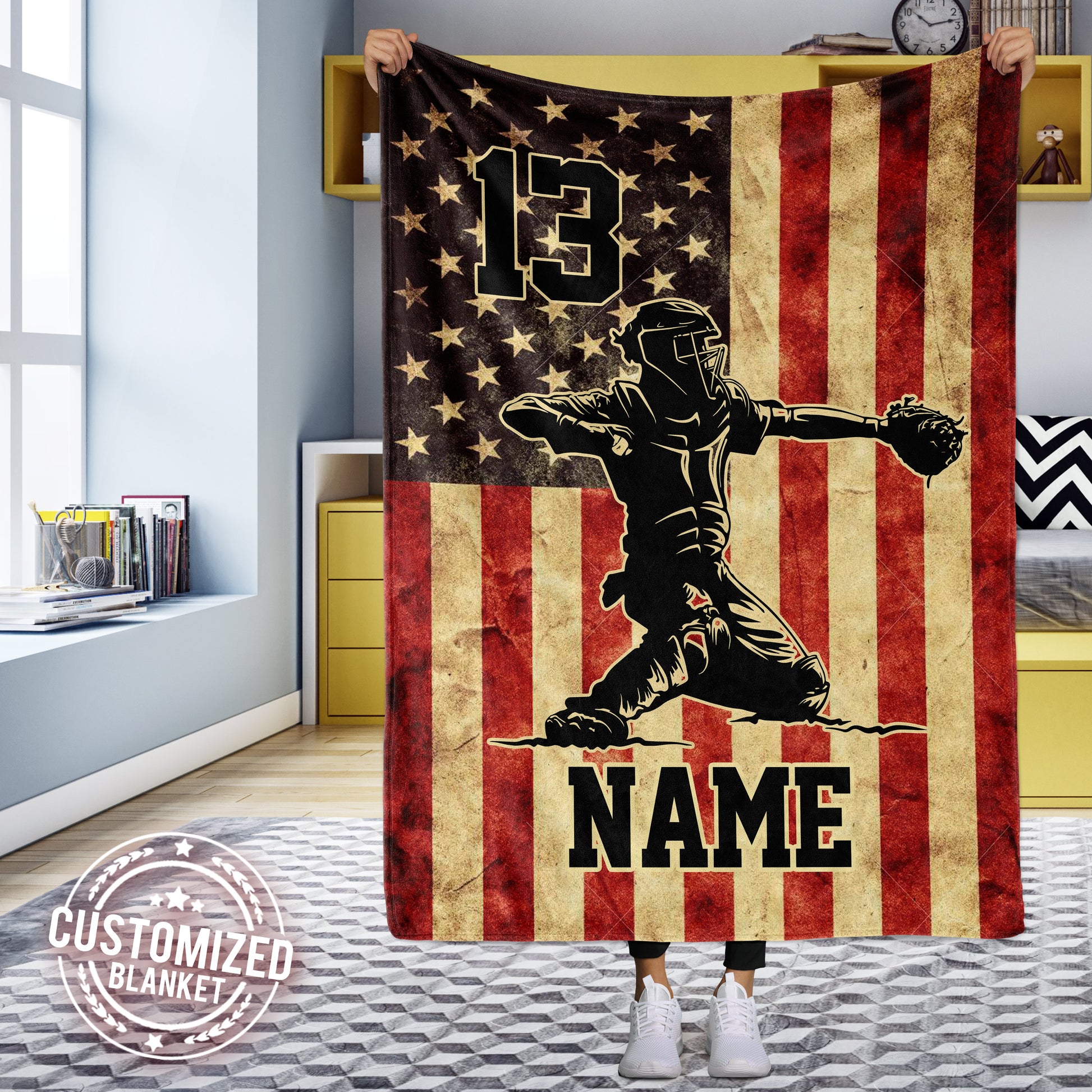 litzzy Personalized Baseball Vintage Flag Collection Fleece Blanket - Tltm0911204 Quilt Blanket 60x80  