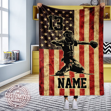 litzzy Personalized Baseball Vintage Flag Collection Fleece Blanket - Tltm0911204 Quilt Blanket 60x80  