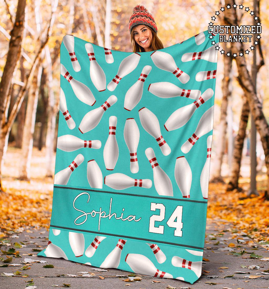 litzzy Personalized Bowling Pin Fleece Blanket - Tm0911203 Quilt Blanket TEAL 50 X 60 