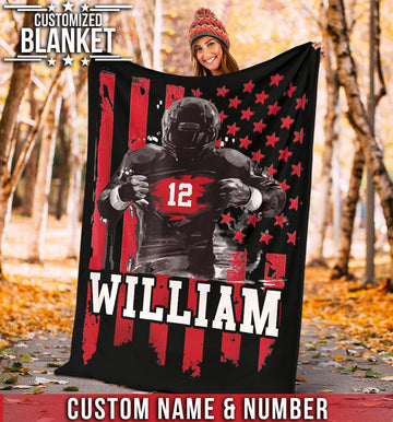 litzzy Personalized Football Player Red Black Flag - Tlnb0911205 Quilt Blanket 60x80  