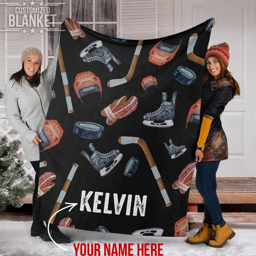litzzy Personalized Hockey Gear Watercolor Fleece Blanket - Tlnb1411202 Quilt Blanket 50x60  