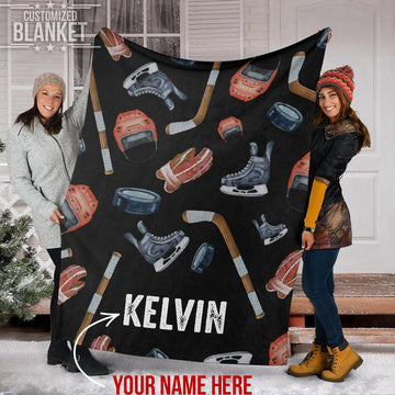 litzzy Personalized Hockey Gear Watercolor Fleece Blanket - Tlnb1411202 Quilt Blanket 50x60  