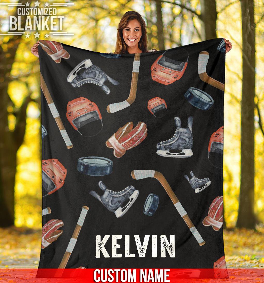 litzzy Personalized Hockey Gear Watercolor Fleece Blanket - Tlnb1411202 Quilt Blanket 60x80  
