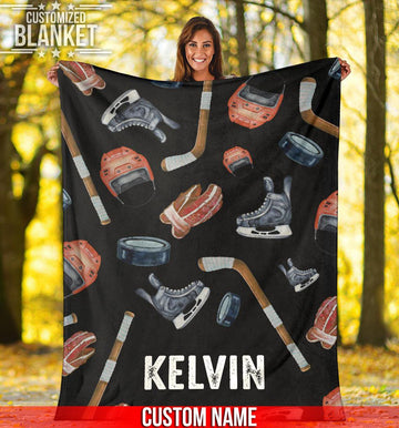 litzzy Personalized Hockey Gear Watercolor Fleece Blanket - Tlnb1411202 Quilt Blanket 60x80  