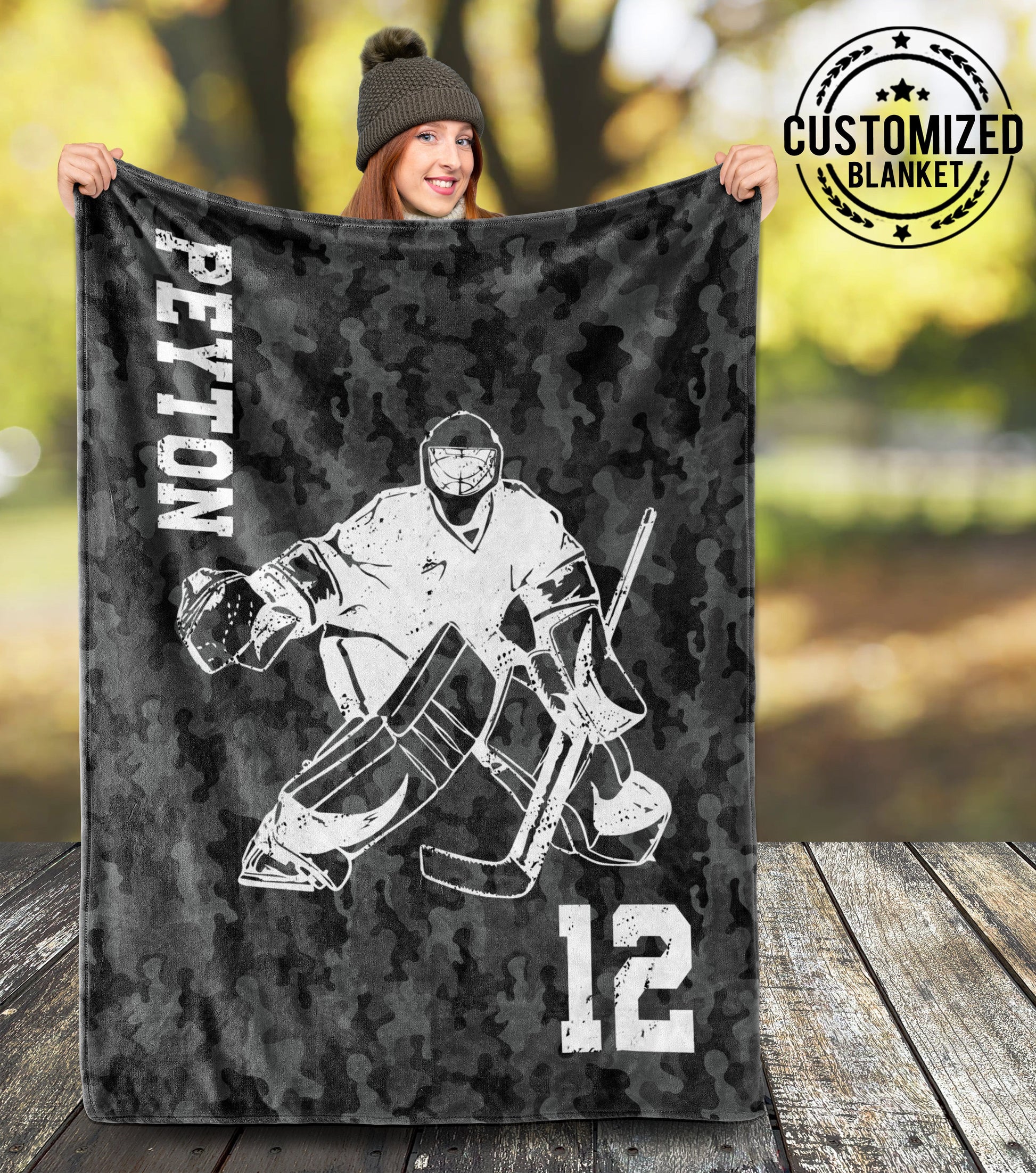 litzzy Personalized Hockey Custom Fleece Blanket - Tltm121020 Quilt Blanket HOCKEY GOALIE GREY CAMO 50 x 60 