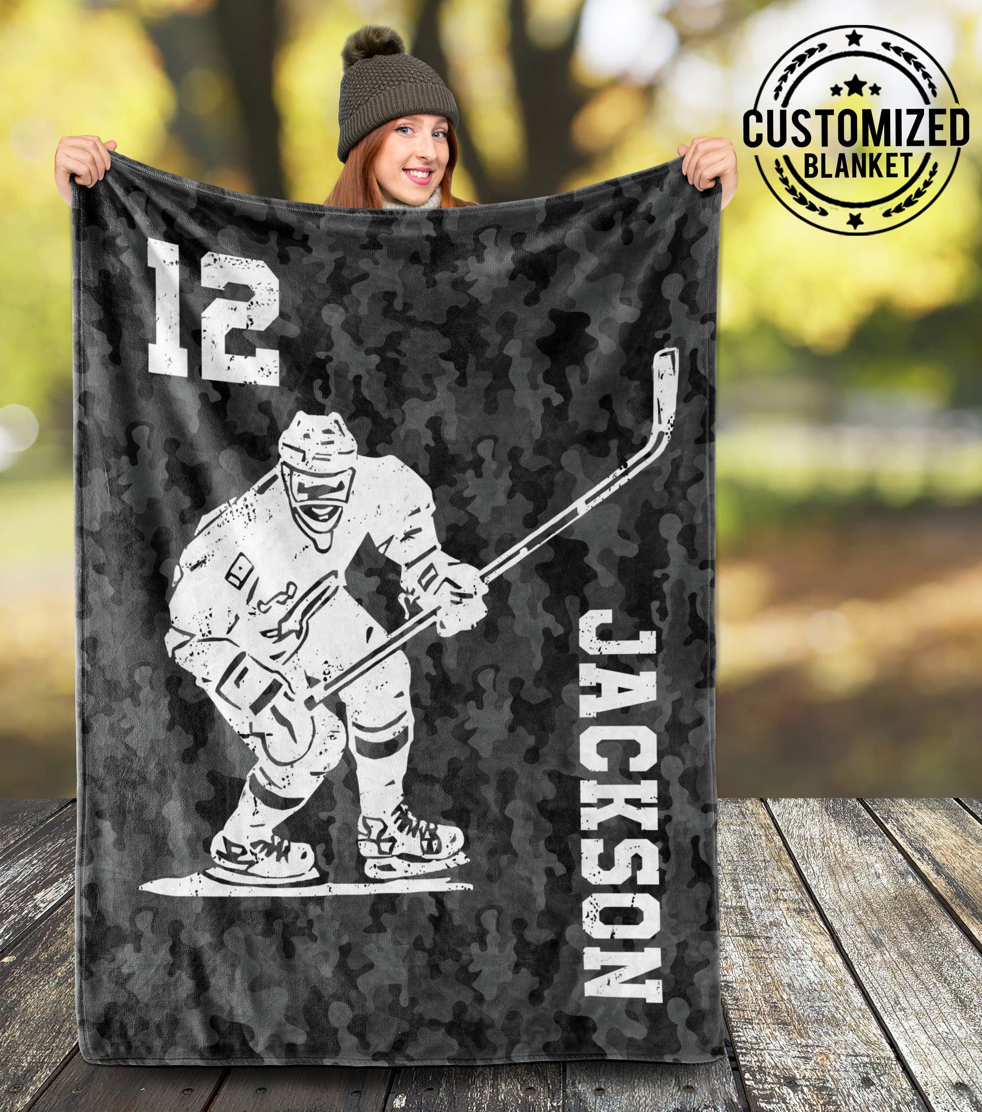 litzzy Personalized Hockey Custom Fleece Blanket - Tltm121020 Quilt Blanket HOCKEY PLAYER GREY CAMO 50 x 60 