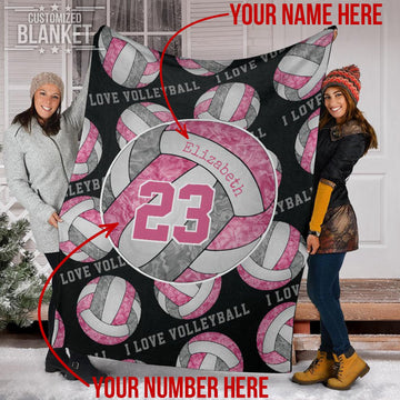 litzzy Personalized I Love Volleyball Pink White Fleece Blanket - Ty0911203 Quilt Blanket 50x60  