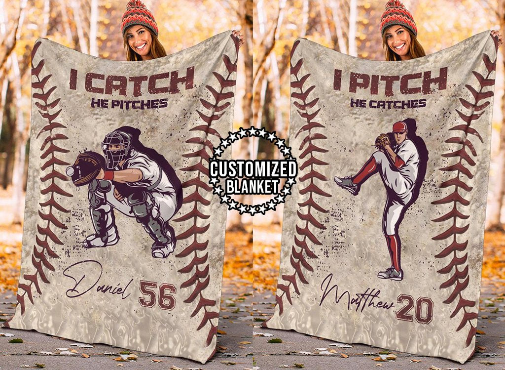litzzy Personalized Pitcher Catcher Baseball Fleece Blanket - Lath1611203 Quilt Blanket   