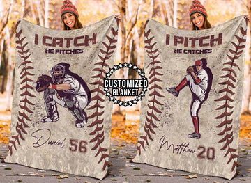 litzzy Personalized Pitcher Catcher Baseball Fleece Blanket - Lath1611203 Quilt Blanket   