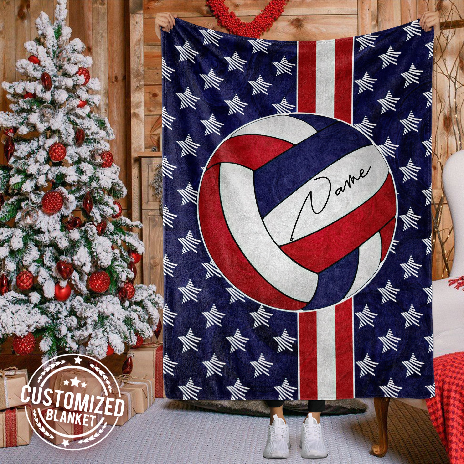 litzzy Personalized Red White Blue Stripes Volleyball Fleece Blanket - Tltm0312201 Quilt Blanket 60x80  
