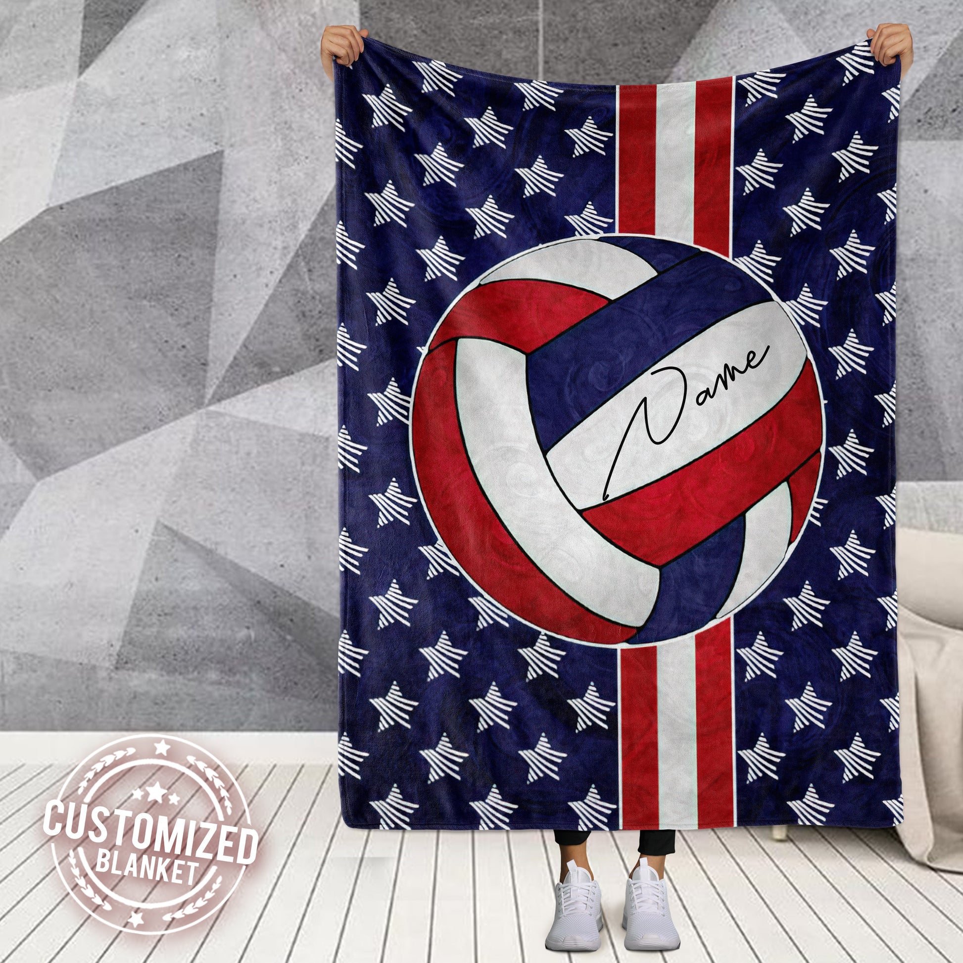 litzzy Personalized Red White Blue Stripes Volleyball Fleece Blanket - Tltm0312201 Quilt Blanket 50x60  