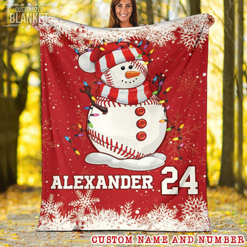litzzy Personalized Snowman Baseball Fleece Blanket - Tlty1811201 Quilt Blanket 50x60  
