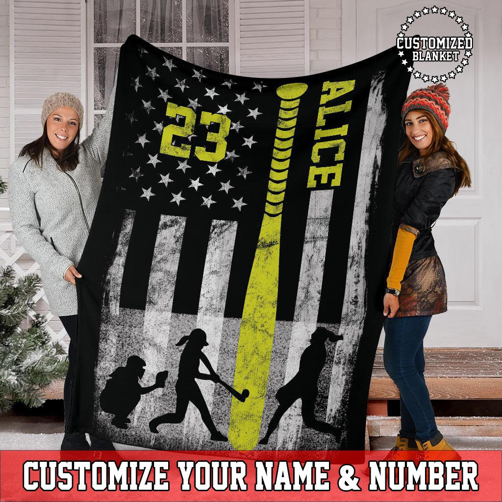 litzzy Personalized Softball Bat Flag Fleece Blanket - Tltm2511201 Quilt Blanket 50x60  