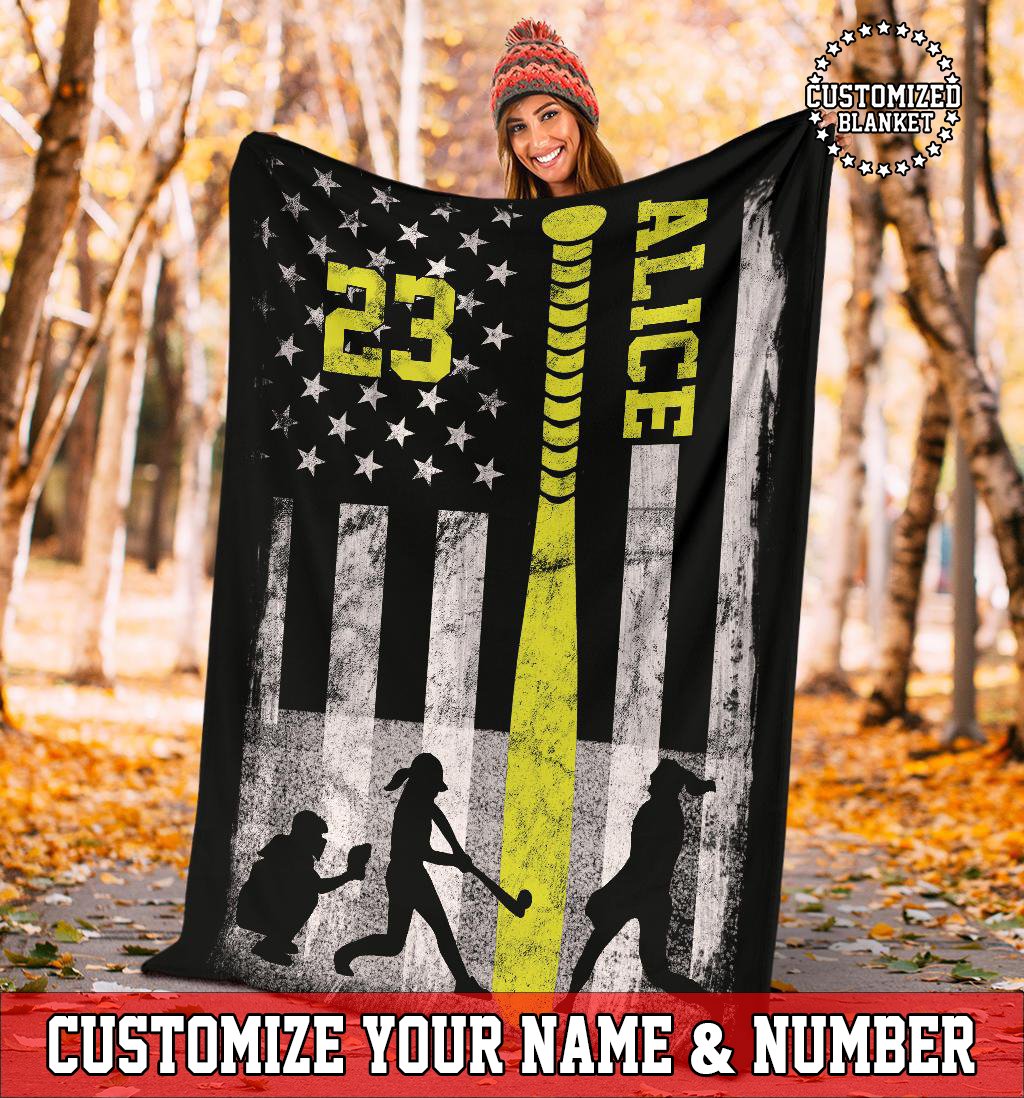 litzzy Personalized Softball Bat Flag Fleece Blanket - Tltm2511201 Quilt Blanket 60x80  