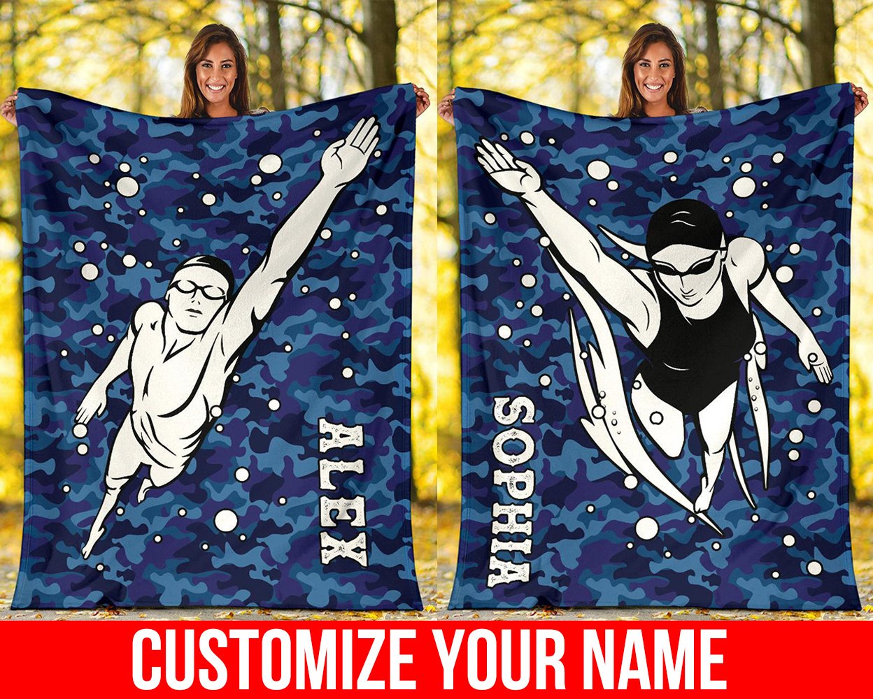 litzzy Personalized Swimming Blue Camouflage Fleece Blanket - Tlno0911203 Quilt Blanket   
