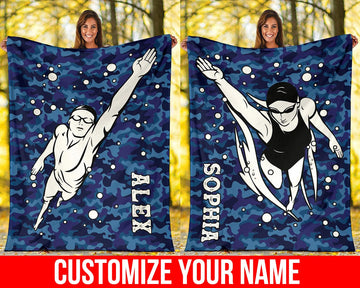 litzzy Personalized Swimming Blue Camouflage Fleece Blanket - Tlno0911203 Quilt Blanket   