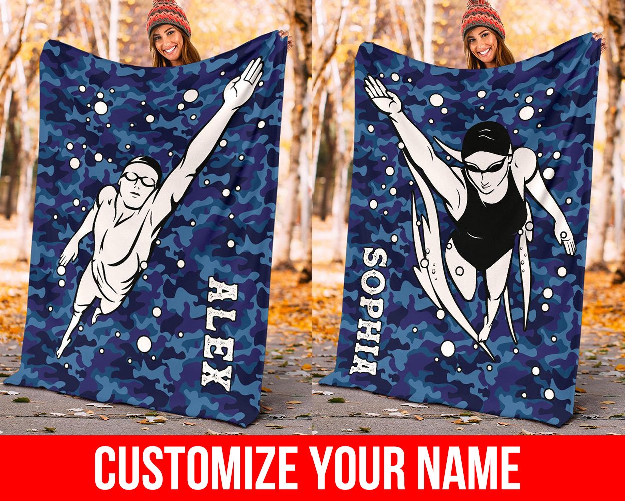 litzzy Personalized Swimming Blue Camouflage Fleece Blanket - Tlno0911203 Quilt Blanket   