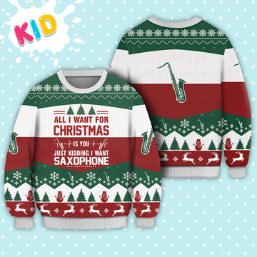 litzzy Saxophone All I want for Christmas Sweater Christmas Knitted Print Sweatshirt - Best Gift For Christmas, Noel Malalan - Christmas Signature - Ugly Christmas Sweater Sweater Kid XS 