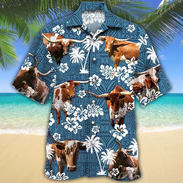 litzzy Tx Longhorn Cattle Lovers Blue Tribal Hawaiian Shirt - Aloha shirt Hawaiian Hawaii Shirt For Summer Hawaii Shirt   