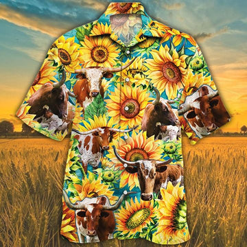 litzzy Tx Longhorn Cattle Lovers Sunflower Watercolor Hawaiian Shirt - Aloha shirt Hawaiian Hawaii Shirt For Summer Hawaii Shirt   