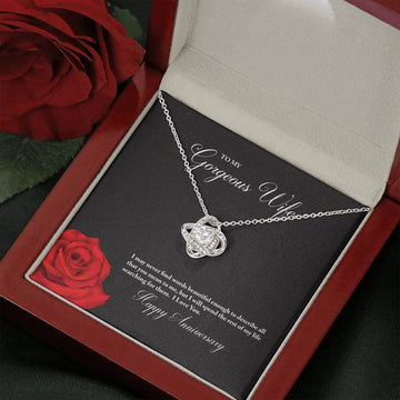 litzzy To My Gorgeous Wife Happy Anniversary Love Knot Necklace - Gift Set For Wife  Mahogany Style Luxury Box (W/LED) White gold 