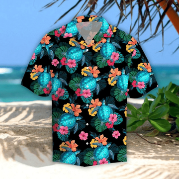 litzzy Turtles Glow Hibiscus Tropical Leave Black Theme Hawaiian Shirt, Short Sleeve Hawaiian Aloha Shirt for men and women - Aloha shirt Hawaiian Hawaii Shirt For Summer Hawaii Shirt   