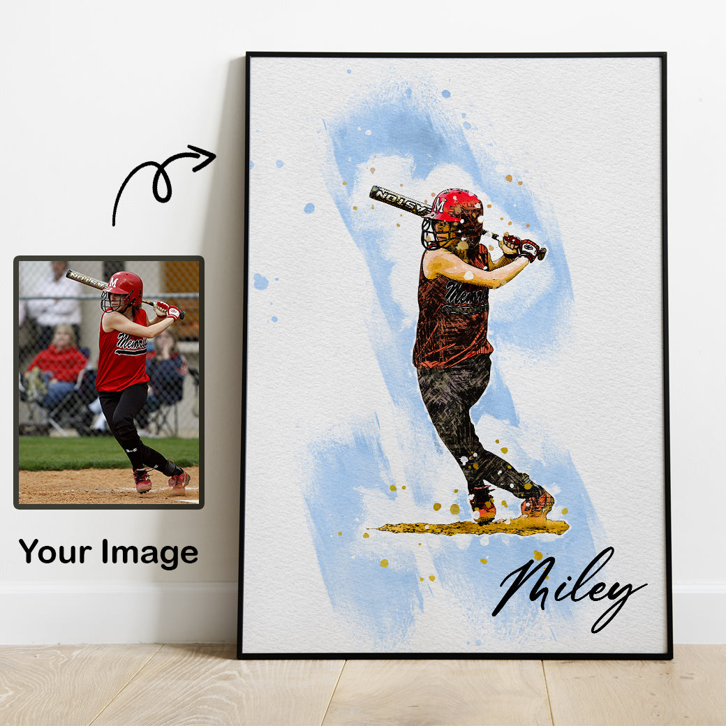 litzzy Baseball Watercolor Personalized Gift, Baseball Custom Canvas Wall Art for Living Room Canvas Wall Art   