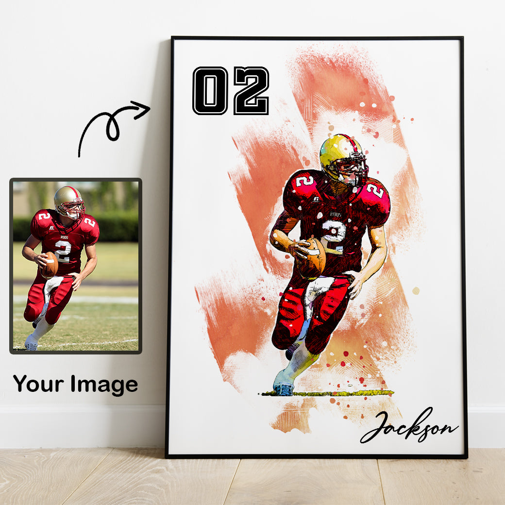 litzzy Football Watercolor Personalized Gift, Football Custom Canvas Wall Art for Living Room Canvas Wall Art   