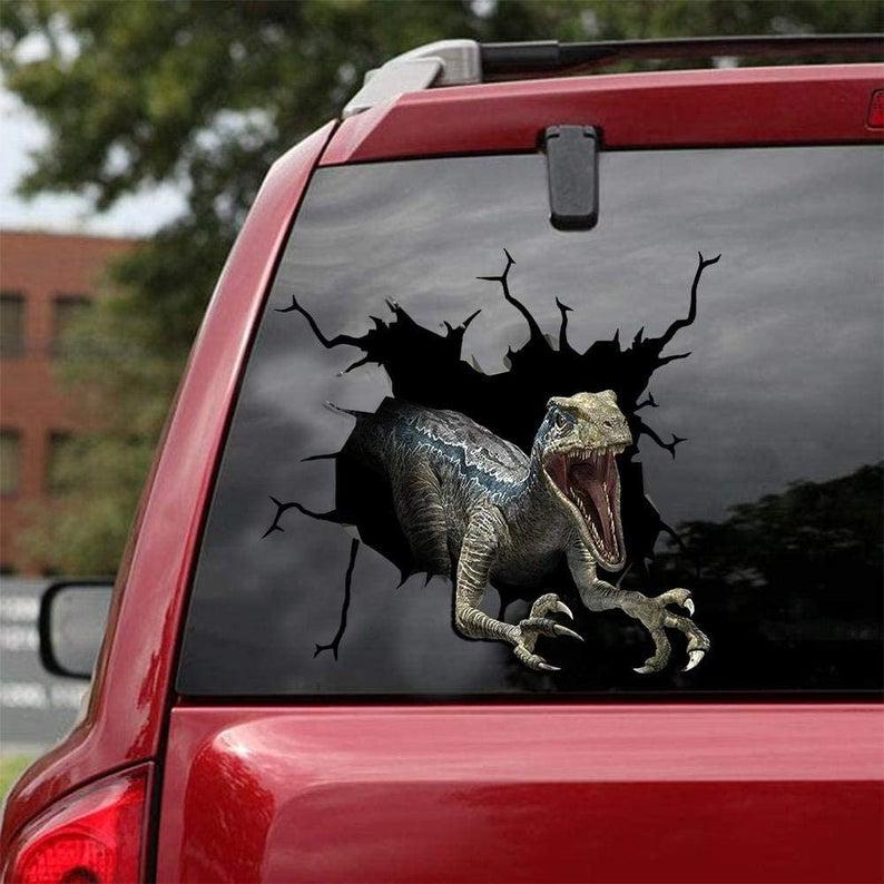 litzzy Velociraptor Dinosaur Cracked Car Decal Sticker | Waterproof | PVC Vinyl | CCS1885 - Ugly Sweater Gift For Lover sweater Colorful S (7.87x11.81") 