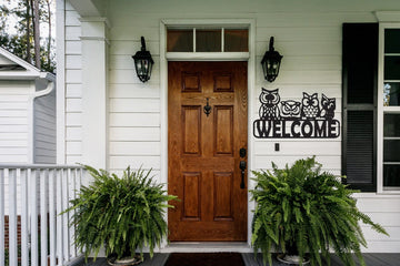 litzzy Welcome Front Door Home Decoration With Owls - Cut Metal Sign - Custom metal signs - Metal Monogram Sign for Home Decor    