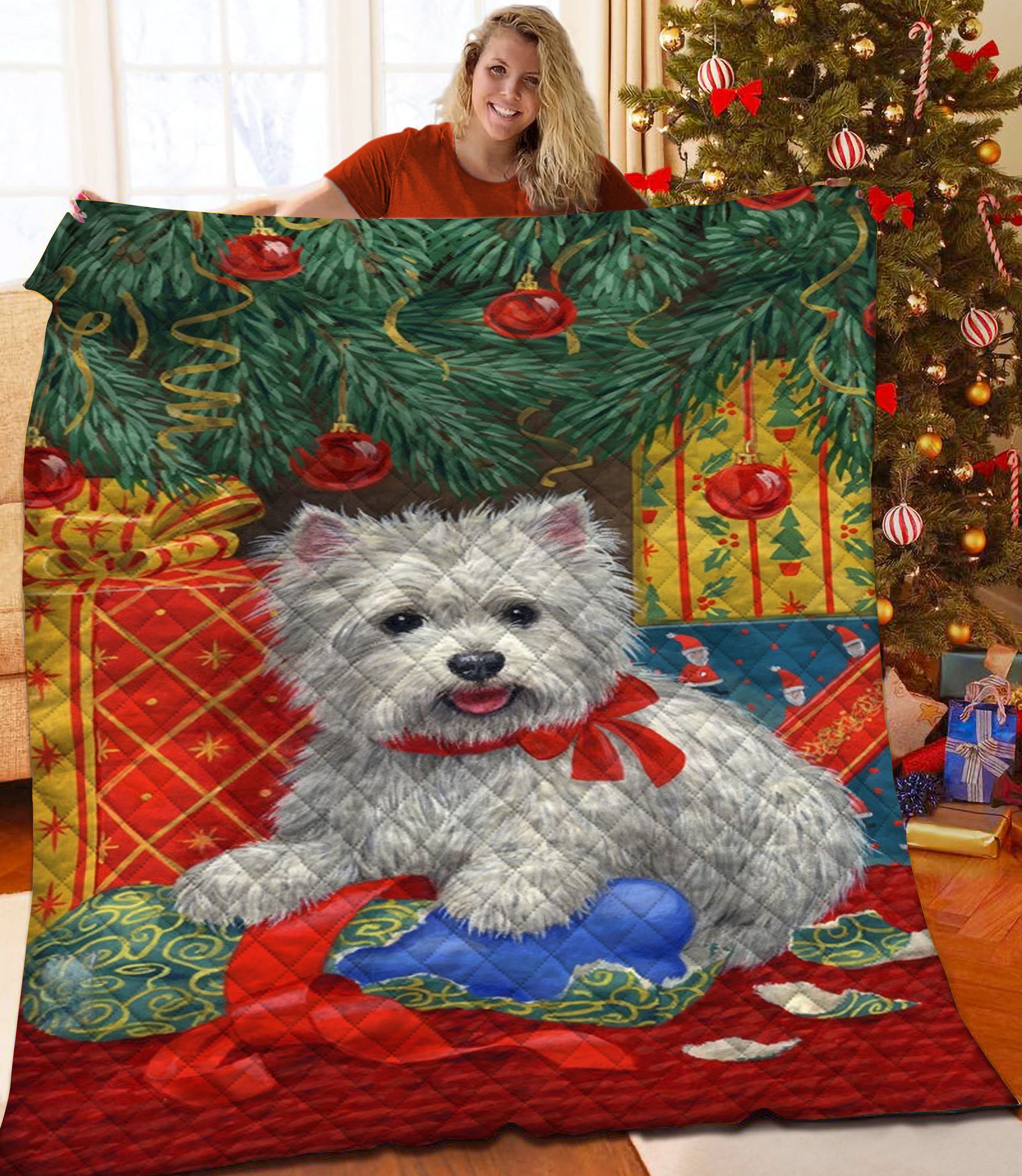 litzzy White Terrier Christmas Fleece Blanket CCC25105539 Quilt Blanket   