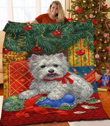 litzzy White Terrier Christmas Fleece Blanket CCC25105539 Quilt Blanket   