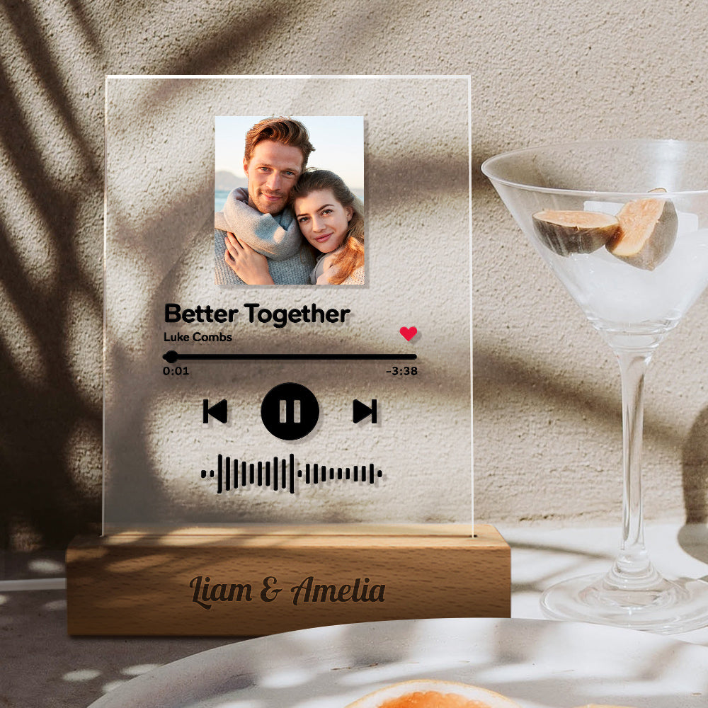 litzzy Personalized Scannable Song Plaque Photo Night Light With Engraved Wooden Base Acrylic Plaque   