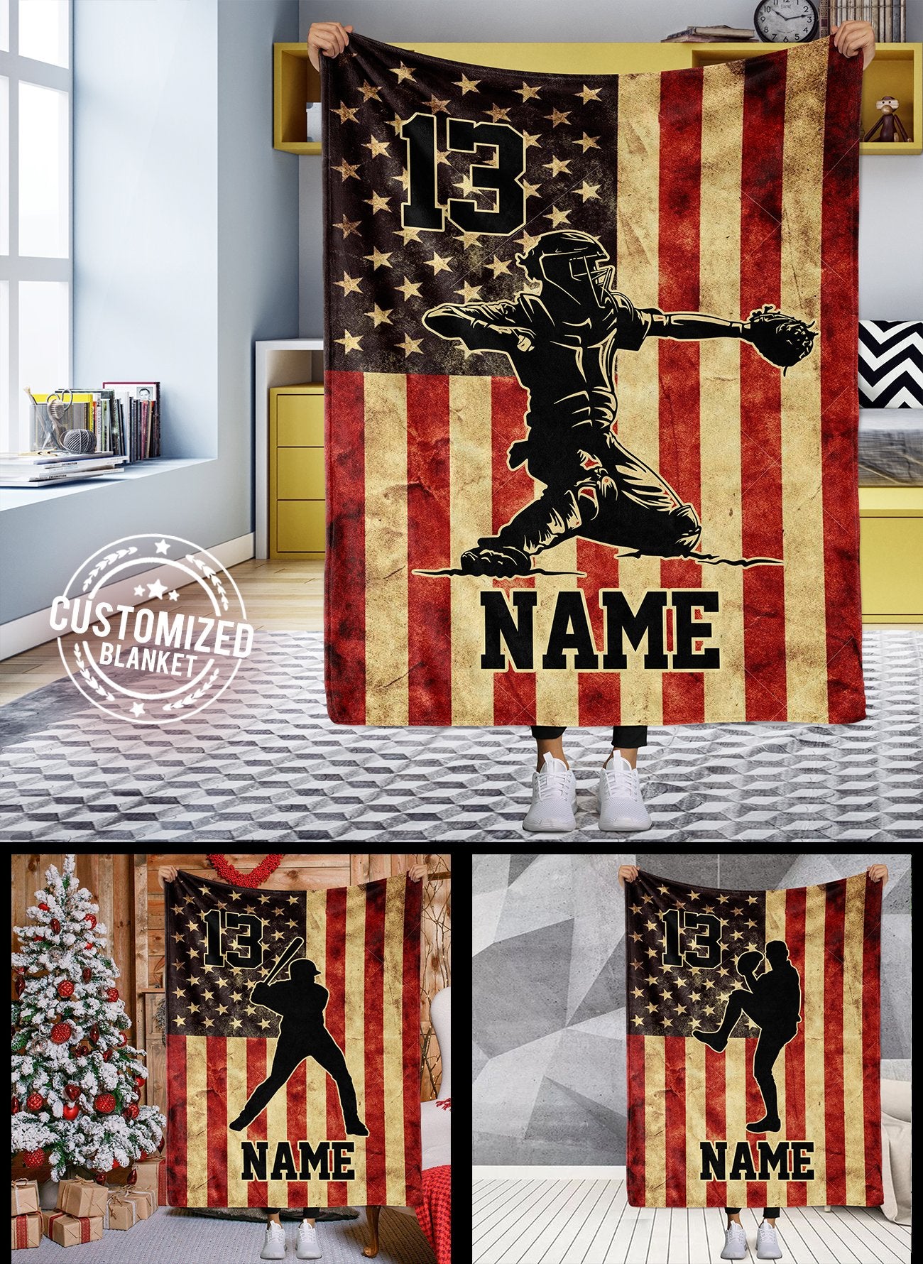 litzzy Personalized Baseball Vintage Flag Collection Fleece Blanket - Tltm0911204 Quilt Blanket 50x60  