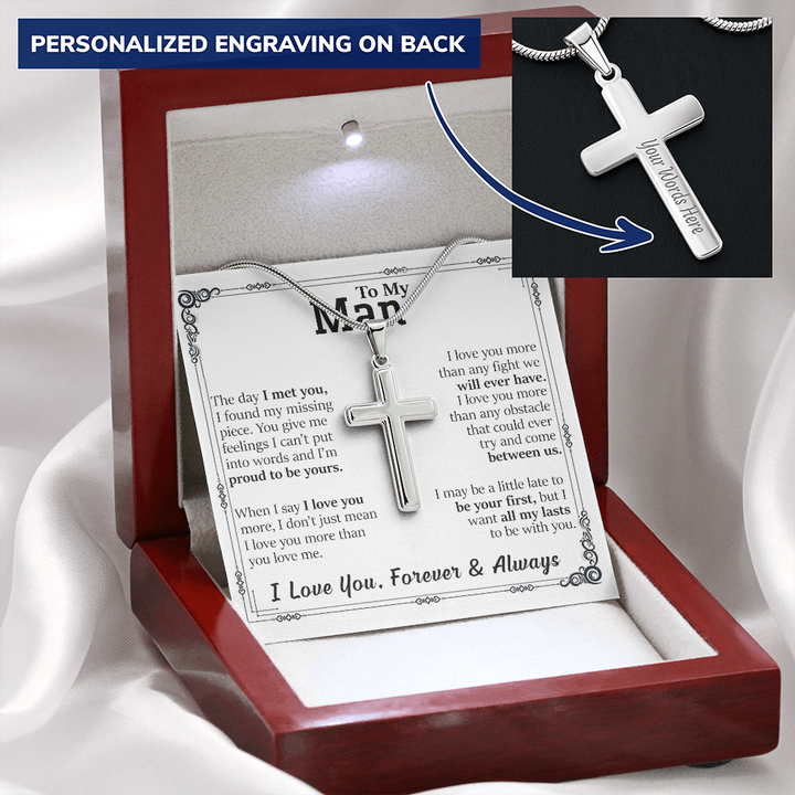litzzy To My Man - The Day I Met You - Personalized Cross Necklace - To My Husband, Gift For Husband Jewelry Mahogany Style Luxury Box (W/LED)  