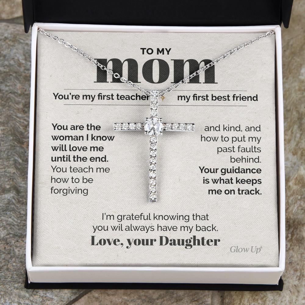 litzzy To my Mom - My First Teacher - CZ Cross Necklace Jewelry Two-Toned Box  